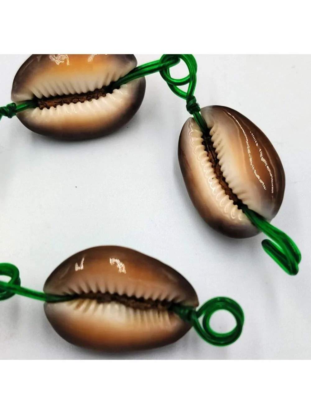 Vintage Handmade Cowrie Shell Bracelet Green Wire Boho Beach Coastal Jewelry